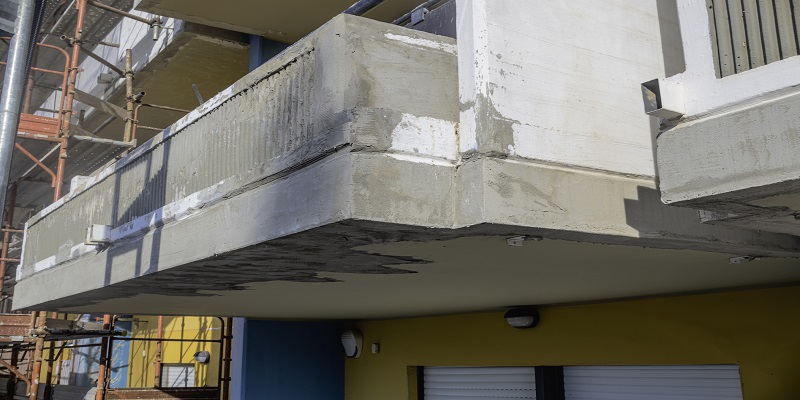 Balconies of condominium facade repaired after degradation and cracks in the reinforced concrete structure